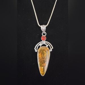 Handmade 925 Sterling Silver Amber & Garnet Gemstone Pendant & Chain